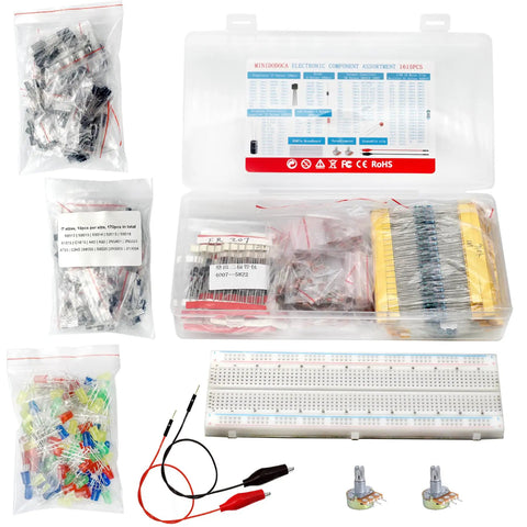 Badass Electronic Component Kit 1615 Pcs features assorted bags of components, breadboard, crocodile clips, and resistors.