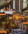 54 Ft Solar String Lights With USB Remote outdoor patio lighting in use for dining and relaxation, warm glow, Edison LED bulbs.