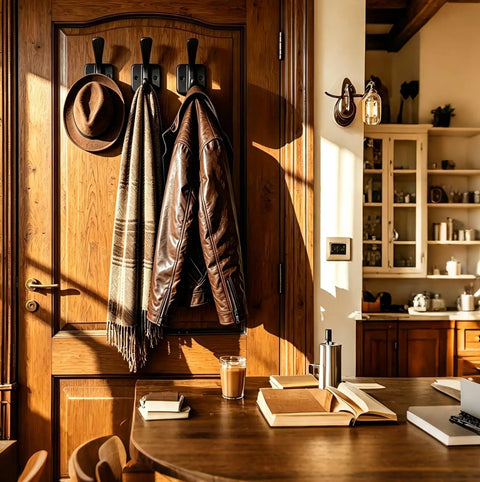 Top Shelf Matte Black Wall Coat Hooks Four Pack holding a brown jacket and scarf on a wooden door in a cozy room.
