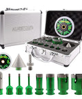 Pro Grade Diamond Core Drill Bits Set For Tile And Stone 11 Piece Kit with grinder cone, finger bit, adapter, and cutting disc.