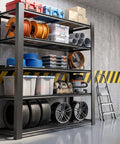 No Fuss Heavy Duty Five Tier Garage Shelving Unit Built Like A Tank Steel Storage Rack 72 X 48 X 24 Inches with tools and tires organized.