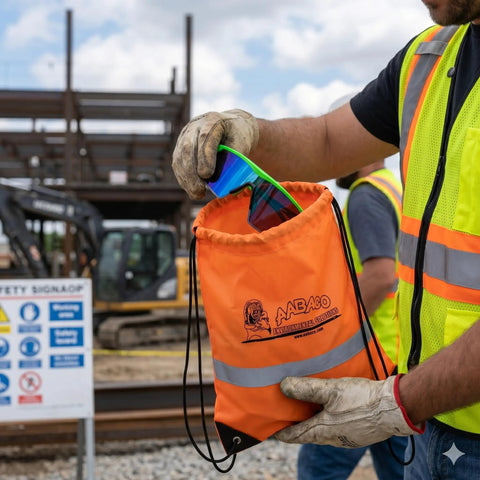 Three Pack Safety Glasses Featuring Zero Sweat Anti Fog Vision And Secure Grip Fit Designed For Construction Sites Shooting Ranges And Diy Workshops in an orange pouch.
