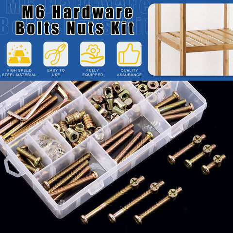 All In One M6 Gear Replacement Kit For Cribs Tables Chairs Cabinets And Furniture With Hex Socket Cap Screws Nuts Washers And Tools 138 Pc Set In Lengths Of 25 35 45 55 65 75 And 85 Mm displayed in a plastic organizer with screws and nuts.
