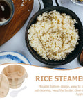Premium Wooden Steaming Rice Basket Cooks Up Fluffy Fragrant Rice Fast Detachable Base in use with fluffy rice.