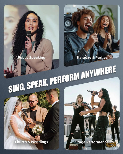 Wireless Dual Microphone System With UHF Range Up To 260 Feet All Metal Portable Karaoke Mic in use for various events