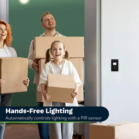 Family carrying boxes with Motion Sensor Light Switch With PIR and Ambient Light Detection, No Neutral Required on wall