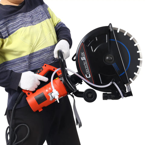 Hardcore 14 Inch Concrete Saw With Water Line And Dust Extraction Port Rips Right Through Concrete And Porcelain 15 Amp Wet Dry Power Tool, user holding