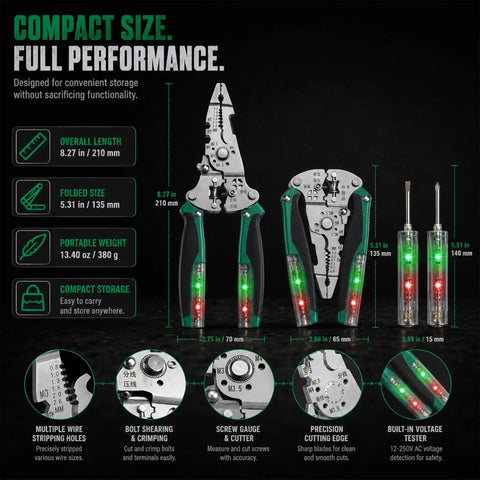 Heavy Duty 16 In 1 Foldable Wire Stripper With Integrated Voltage Tester Crimping Pliers And Screw Cutter showing compact size and features.