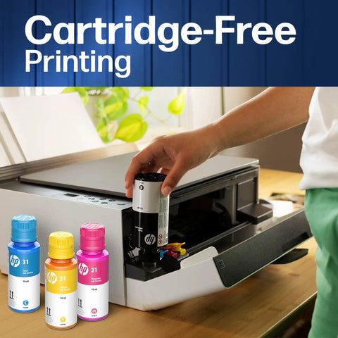 Person refilling Refillable All In One Wireless Printer For Home Office With Scanner And Copier EcoTank Alternative Cartridge Free Printing With Two Years Of Ink Included No Fuss Setup And Reliable Ink Savings