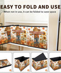 Autumn Theme Fabric Storage Basket For Standard Shelving And Closets Hella Durable Canvas Organizer Bin With Strong Handles folded for easy storage.