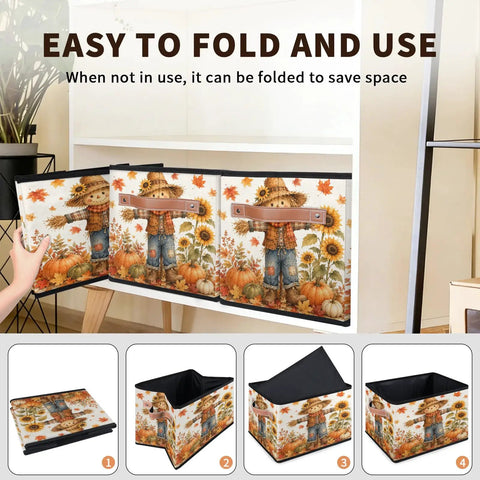 Autumn Theme Fabric Storage Basket For Standard Shelving And Closets Hella Durable Canvas Organizer Bin With Strong Handles folded for easy storage.