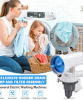 Washer drain pump and filter assembly WH11X29539 for GE front-load washers, white and blue plastic unit.