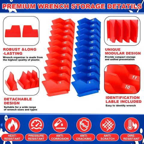 Magnetic Socket And Wrench Organizer Set For Tool Box Drawer, Six Magnetic Racks Hold Twenty Wrenches And Sockets From Quarter Inch To One And Three Quarter Inches, SAE And Metric Labels, Durable Plastic Modular Storage featuring red and blue modular racks with labeled slots.