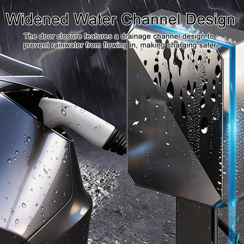 Heavy Duty Outdoor EV Charger Enclosure With Pedestal Stand All Season Lock Box For Electric Cars showing drainage channel design with rain.