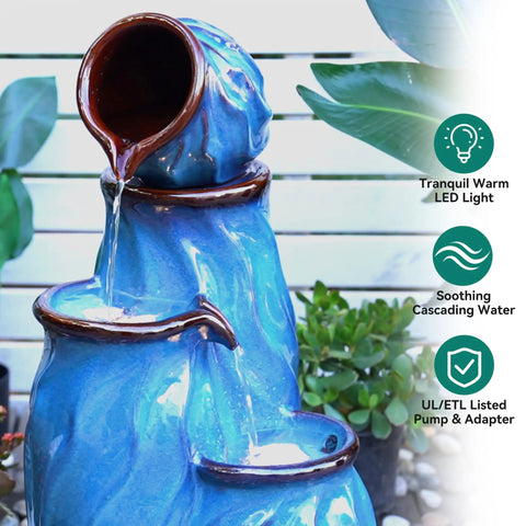 Outdoor Ceramic Water Fountain With 4 Tier Pots Turquoise Ocean Wave Texture 29 Inch Garden Centerpiece For Patio Yard Or Porch Creates A Relaxing Serene Oasis With Dynamic Waterfalls