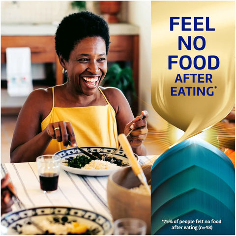 Person enjoying a meal with the text 'Feel No Food After Eating' promoting zinc-free denture adhesive cream.