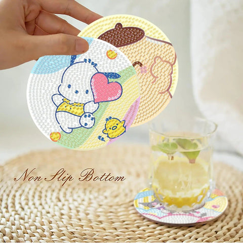 Diamond Art Coasters Set With Holder For Adults And Kids, Easy DIY Fun For Beginners Cartoon Life Round Full Drill displayed.