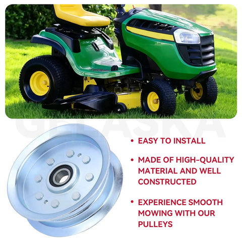 Heavy Duty Idler Pulley Replacement For John Deere And Cub Cadet Lawn Mowers Fits GY20629 75605034A AUC17621 shown with riding mower.