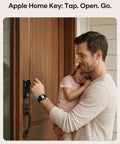 Man unlocking Smart Front Door Lock Set With Built In Wifi Bluetooth Deadbolt Featuring Rapid Print Fingerprint Scanner App And Voice Control, child in arms.