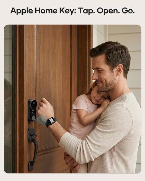 Man unlocking Smart Front Door Lock Set With Built In Wifi Bluetooth Deadbolt Featuring Rapid Print Fingerprint Scanner App And Voice Control, child in arms.