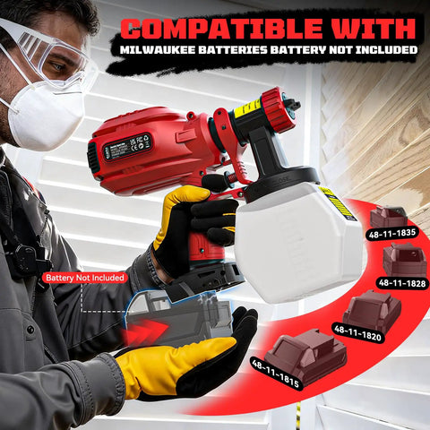 Professional Grade Cordless Paint Sprayer Compatible With Milwaukee 18V Side Fill 1200 ML Tank 43000 RPM Four Nozzles Tool Only, held by a user.