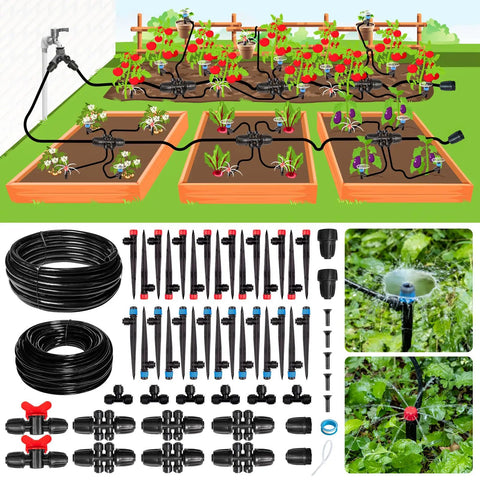 240Ft Drip Irrigation Kit With Quick Connect Plug And Play for Greenhouse Garden Yard illustrating components and setup
