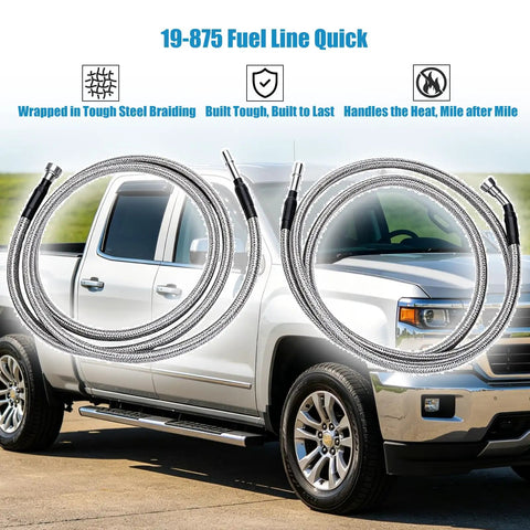 Tough as Nails Stainless Steel Braided Fuel Line Quick Fix Kit Replaces 819-875 Qff0004ss flexible lines displayed on truck.