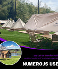 Tents installed in a grassy outdoor setting with trees in background, showing the use of U-Shaped Landscape Stakes and Plastic Fixing Gasket Kit 201-Piece All-In-One Garden Staples With Pick Hook For Irrigation Hoses, Fences, Turf, Weed Barrier, Tents, And Outdoor Projects.