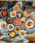 Large Round Lazy Susan With Solid 360 Smooth Spin Heavy Duty Tempered Glass Turntable Tray with various dishes for sharing.