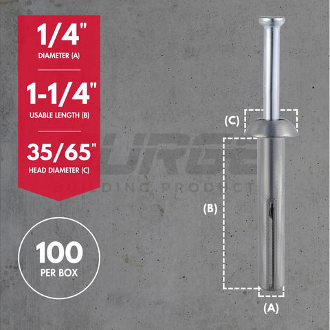 One Quarter By One Quarter Inch Hammer Drive Concrete Anchor Nail 100 Per Box For Concrete Block And Brick With Mushroom Head Fasteners Carbon Steel Nail And Zamac Alloy Body Corrosion Resistant Tamper Proof Light Duty Fastening showing size details and packaging.