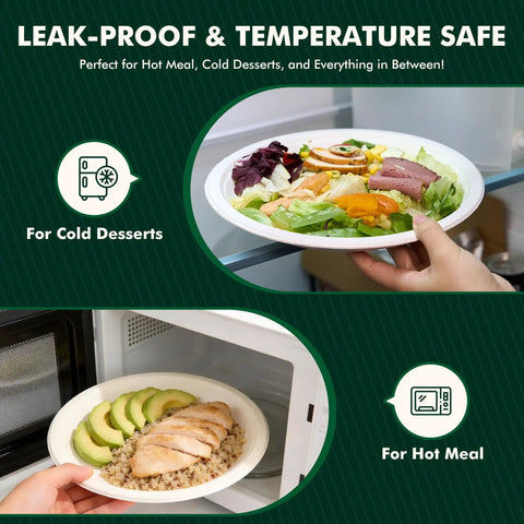 Heavy Duty 10 Inch Compostable Paper Plates 500 Count Round Biodegradable Sugarcane Fiber Dinnerware Microwavable Safe And Leak Proof For Parties Campouts And Everyday Eats shown with salad and chicken meal in microwave.