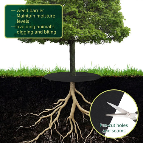 39 Inch Weed Barrier Mat For Your Yard And Garden Non Woven Tree Mulch Ring Protectors Landscaping Weed Control Pack Of 10 Heavy Duty Felt Mats That Block Sunlight Retain Soil Moisture And Temperature Around Trees And Shrubs shown installed under a tree