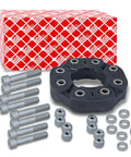 Fits Propshaft Flexible Coupling Kit For Your Ride With Precision German Engineering, Inner D Of 70 Mm And Outer D Of 160 Mm For A Smooth Drive Every Time. black rubber metal 8-hole propshaft coupling kit with bolts, nuts and washers