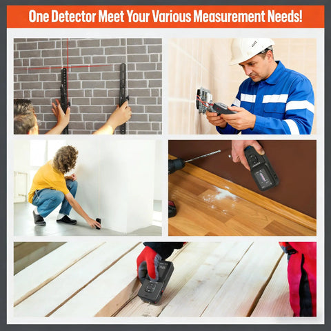 Top Shelf Ten In One Wall Scanner And Smart Thermal Imager in use for detecting studs and cables on various surfaces.