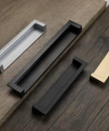 Rock Solid Zinc Alloy Recessed Handles For Kitchen Cabinets Set Of Two Black Inset Hidden Flush Drawer Pulls with silver, black, and gold options on wood