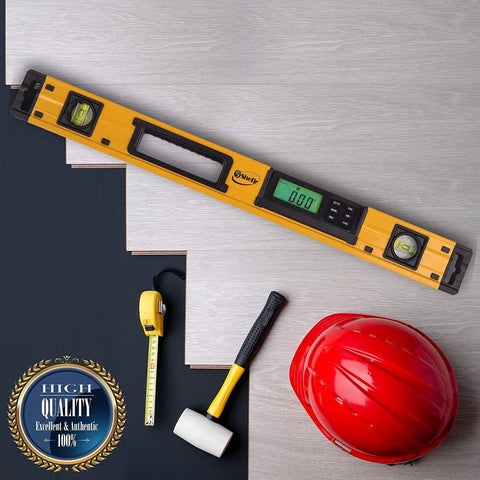 24 Inch Digital Level With Slope Readings For Degrees And Percent Electronic Level Tool With Pro Grade Precision IP54 Dustproof Waterproof Includes Batteries And Case For Pros And DIY Projects shown with tape measure, mallet, and hard hat on a work surface.