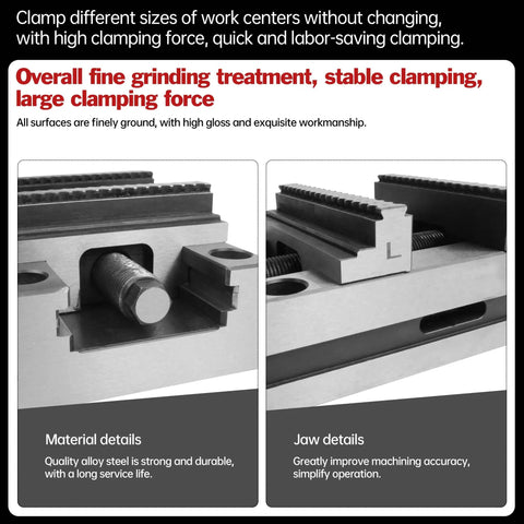 Five Axis CNC Self Centering Vise With Detachable Jaws ZF-70-100 For Precision Milling, close-up of alloy steel jaws and clamp
