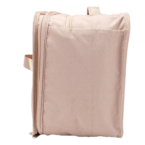 Heavy Duty Mesh Travel Dresser side view, foldable garment rack in soft pink fabric, ideal for hotels and camping.