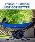 Image of a person relaxing in a Portable Hammock With Stand No Trees Needed Compact Folding Framed Hammock With Adjustable Sunshade Canopy And Easy Setup For Park Backyard Garden Beach Camping And Hiking Blue.