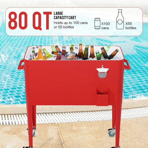80 Quart Rolling Ice Chest With Wheels For Backyard BBQs And Parties by pool with bottles, cooler cart in red with bottle opener.