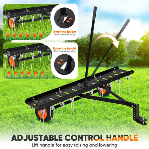 48 Inch Tow Behind Dethatcher with 20 spring steel tines and two independent rows of flexing tines for fast yard grooming, adjustable hitch.