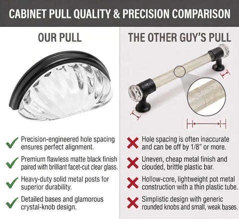 Cabinet pull quality comparison showing Premium 5 Pack Flat Black Glass Cup Pulls With Clear Crystal Handles For Kitchen And Bathroom Cabinets Modern Farmhouse Decor 3 Inch Hole Centers Pretty Dang Sleek No Sweat Install.