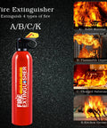 Portable Mini Fire Extinguisher 2 Pack With Durable Wall Mount Bracket Emergency Grab Bag Essentials For Home And Auto shows types A, B, C, K fires.