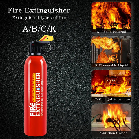 Close-up of an 8 Pack Fire Extinguisher Spray Stop Fires Dead Class A B C K, showing types A, B, C, K for fire classes with vivid flames.