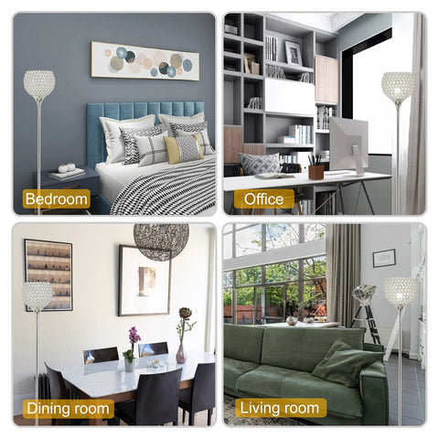 Lit Silver Spherical Crystal Floor Lamp With Elegant Bead Shade Tall Chrome Pole Standing Light Modern LED Home Decor For Living Room Bedroom Or Office E26 Base LED Bulb Included in different rooms