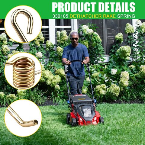 Man using mower with Dethatcher Rake Spring Replacement 6 Pack For 16 Inch Dethatching Mower Blades Compatible With Arnold Power Blade