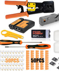 Pass Through Ethernet Crimp Tool Kit For Cat5 Cat5e Cat6 Cables with 50 RJ45 connectors, covers, punch down cutter, and 9V tester.