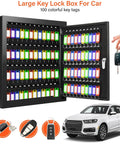 Open 100 Key Cabinet Lock Box With Anti Theft Function And Key Tags, displaying colorful tags next to car illustration