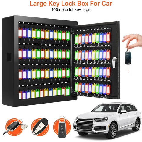 Open 100 Key Cabinet Lock Box With Anti Theft Function And Key Tags, displaying colorful tags next to car illustration