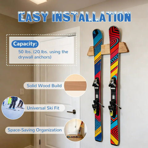 Rock Solid Horizontal Ski Rack Wall Mount Heavy Duty Solid Wood Storage Organizer With Warm Natural Finish Stash Your Mountain Touring Skis Safe At Home Or Cabin Large, showing easy installation with colorful skis mounted.